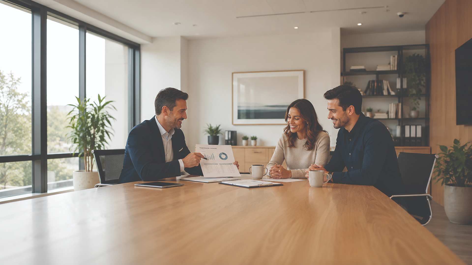 Financial adviser presenting a personalised financial wellness report to a couple across a boardroom table