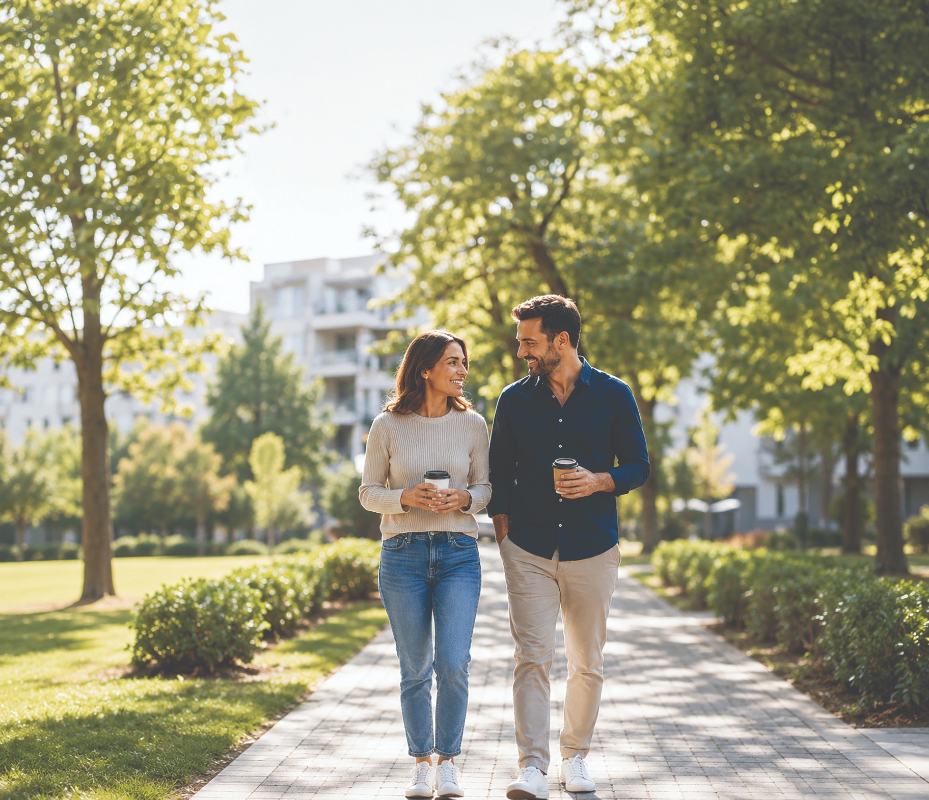Couple walking together through a sunlit tree-lined street